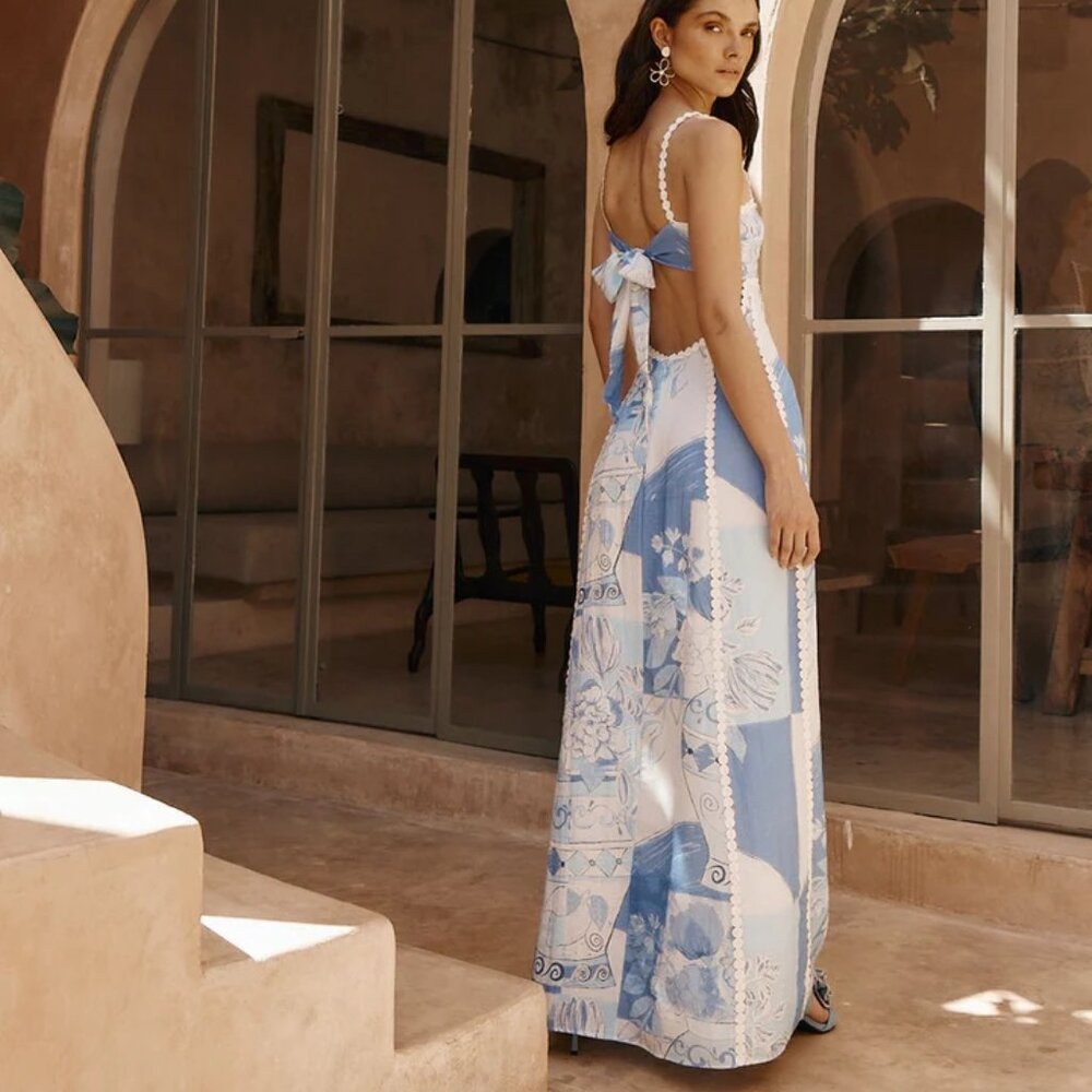 Contrast Sleeveless Tie Back Maxi Dress in Blue New, Size M